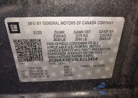 2020 Chevrolet Equinox Awd Premier 1.5L Turbo из США, поврежденный, VIN 2GNAXXEV6L6213454